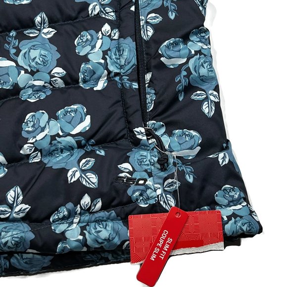 The North Face Womens Small Puffer Vest 550 Goose Down Blue Floral Zip Slim - Picture 2 of 9
